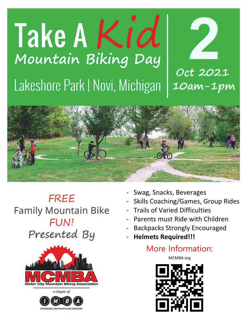 Take a Kid Mountain Biking Day – Oct 2, 2021 – Lakeshore Park, Novi